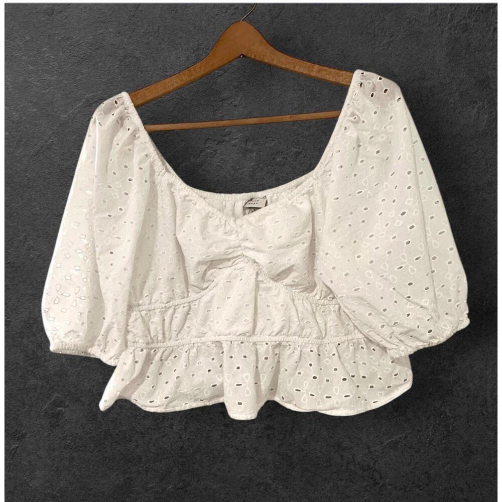 a new day womens Crop Trop Blouse Flowy Short Puff Sleeves Eyelet White Size XL